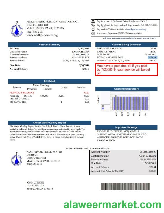 USA Illinois North Park Public Water District IL utility bill template in Word and PDF format